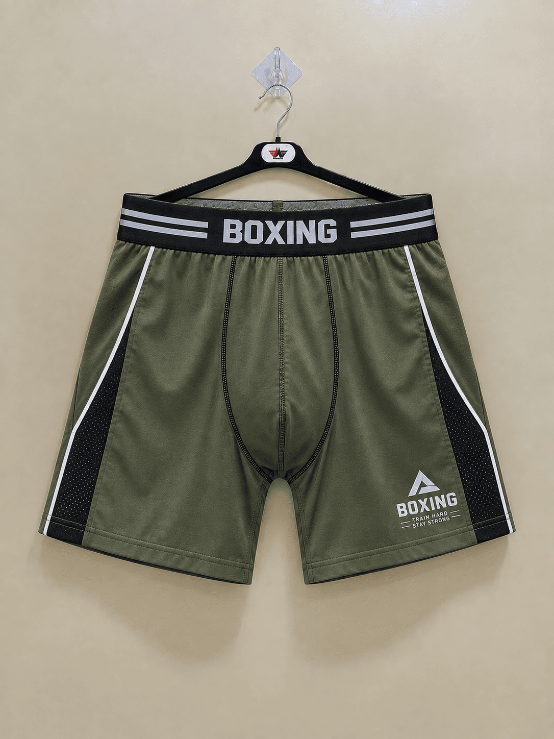 Olive fitted boxer briefs with black waistband and contrast side panels
